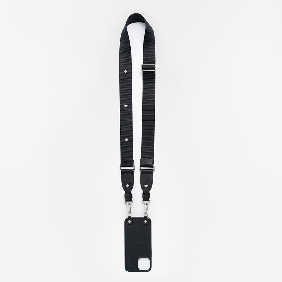 Crossbody Phone Strap | Black | Nylon & Nappa Leather Silver Plated