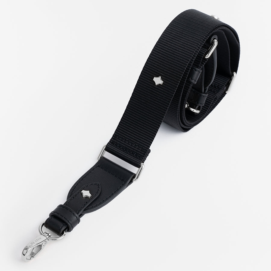 Crossbody Phone Strap | Black | Nylon & Nappa Leather Silver Plated