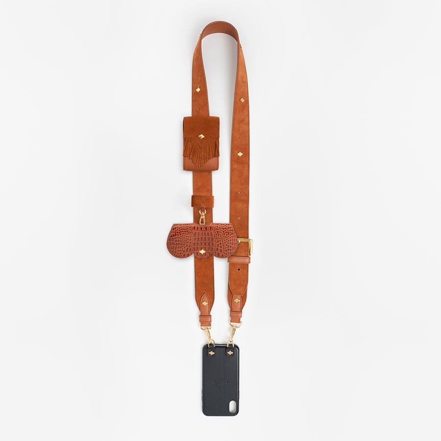 Crossbody Phone Strap | Cognac | Suede & Nappa Leather 24K Gold Plated